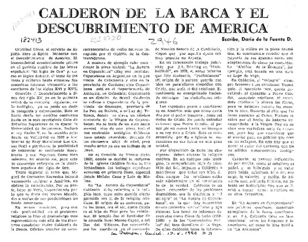 Calderón de la Barca y el descubrimiento de América  [artículo] Darío de la Fuente D.