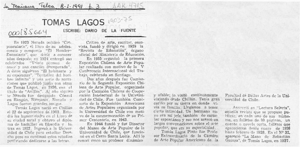 Tomás Lagos  [artículo] Darío de la Fuente D.