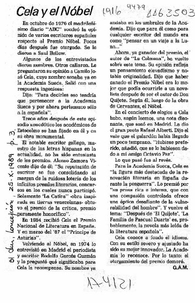 Cela y el Nobel  [artículo] G. A. M.
