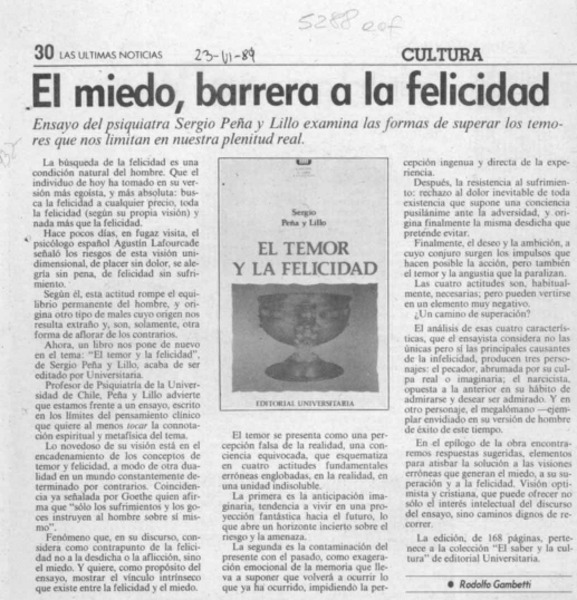 El miedo, barrera a la felicidad  [artículo] Rodolfo Gambetti.