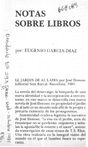 Notas sobre libros  [artículo] Eugenio García-Díaz.