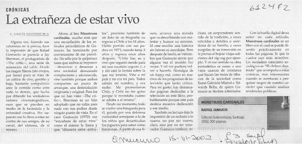La extrañeza de estar vivo  [artículo] C. García Huidobro McA