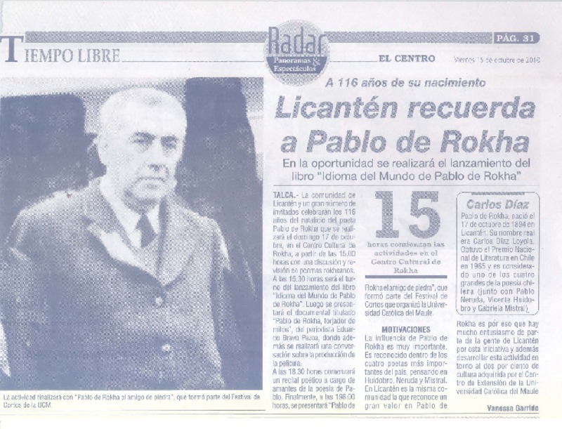Licantén recuerda a Pablo de Rokha