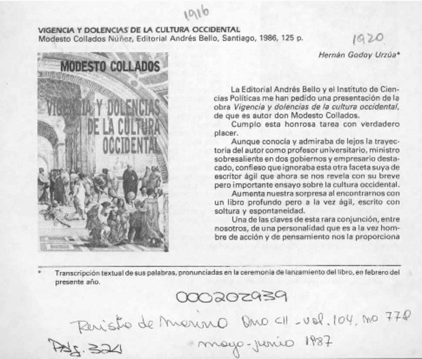 Vigencia y dolencias de la cultura occidental  [artículo] Hernán Godoy Urzúa.