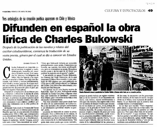 Difunden en español la obra lírica de Charles Bukowski