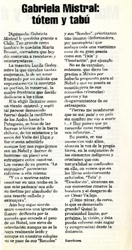 Gabriela Mistral: tótem y tabú  [artículo] Mónica Gómez