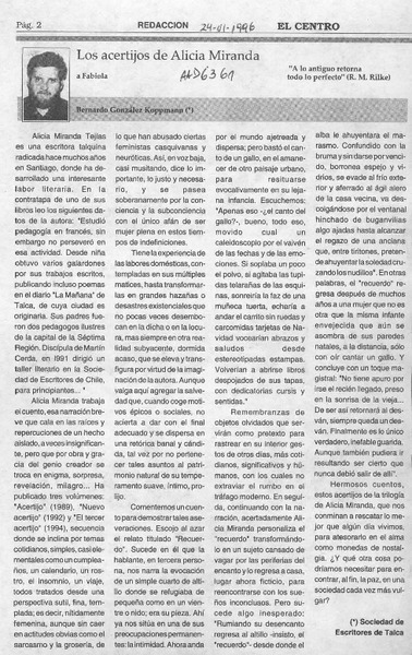 Los acertijos de Alicia Miranda  [artículo] Bernardo González Koppmann.