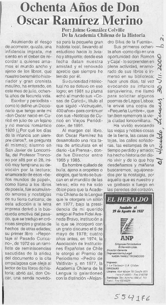 Ochenta años de don Oscar Ramírez Merino  [artículo] Jaime González Colville