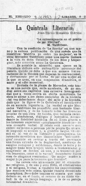 La Quintrala literaria  [artículo] Juan Carlos Colville.