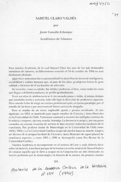Samuel Claro Valdés  [artículo] Javier González Echenique.