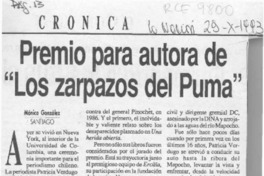 Premio para autora de "Los zarpazos del puma  [artículo] Mónica González.