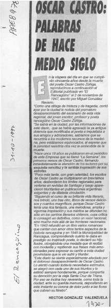Oscar Castro, palabras de hace medio siglo  [artículo] Héctor Gonzælez Valenzuela.
