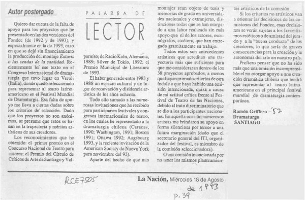 Autor postergado  [artículo] Ramón Griffero.