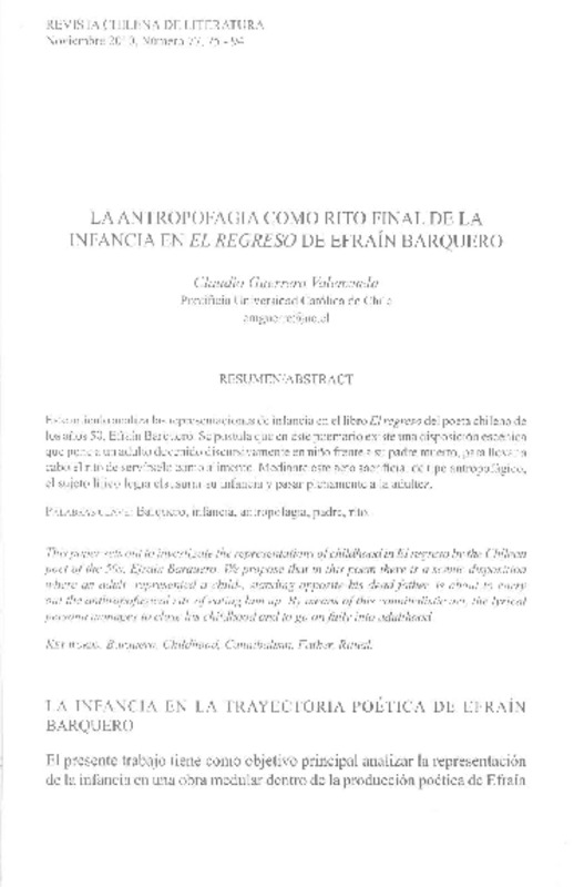La antropofagia como rito final de la infancia en El Regreso de Efraín Barquero  [artículo] Claudio Guerrero Valenzuela.