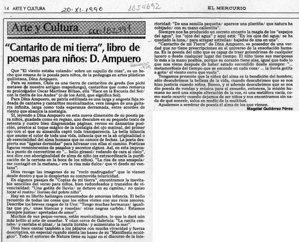 "Cantarito de mi tierra", libro de poemas para niños, D. Ampuero  [artículo] Magdiel Gutiérrez Pérez.