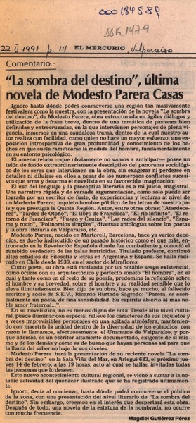 "La sombra del destino", última novela de Modesto Parera Casas  [artículo] Magdiel Gutiérrez Pérez.