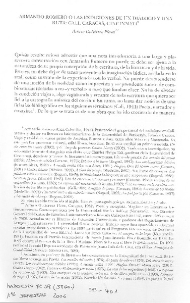 Armando Romero o las estaciones de un diálogo y una ruta: Cali, Caracas, Cincinnati