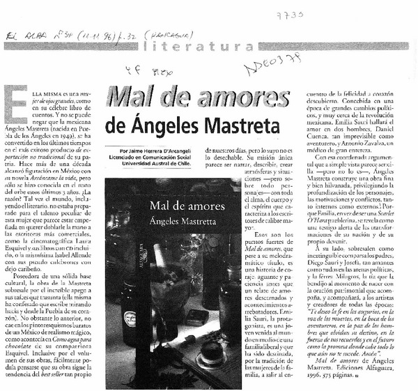 Mal de amores de Angeles Mastretta  [artículo] Jaime Herrera D'Arcangel.