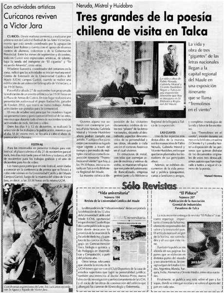 Neruda, Mistral y Huidobro, tres grandes de la poesía chilena de visita en Talca