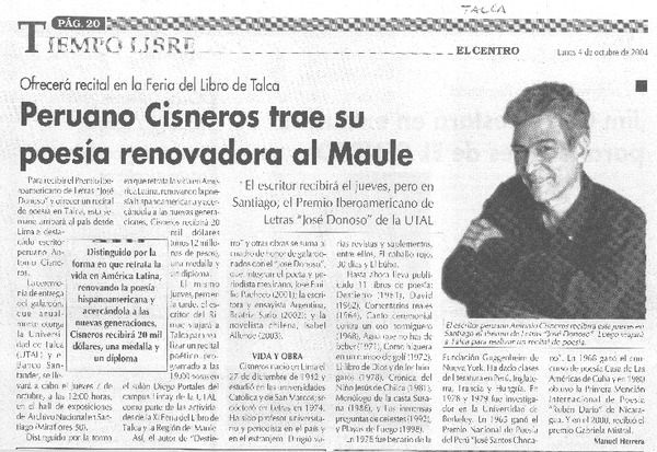 Peruano Cisneros trae su poesía renovadora al Maule