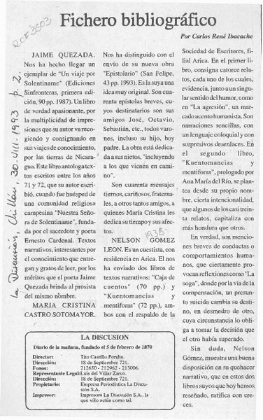 Fichero bibliográfico  [artículo] Carlos René Ibacache.