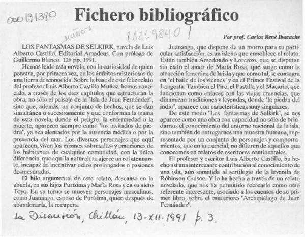 Fichero bibliográfico  [artículo] Carlos René Ibacache.