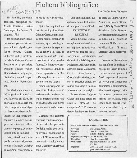 Fichero bibliográfico  [artículo] Carlos René Ibacache.