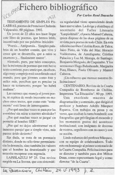 Fichero bibliográfico  [artículo] Carlos René Ibacache.