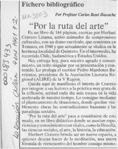 "Por la ruta del arte"  [artículo] Carlos René Ibacache.