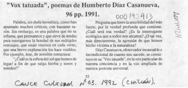 "Vox tatuada", poemas de Humberto Díaz Casanueva  [artículo] Carlos René Ibacache.