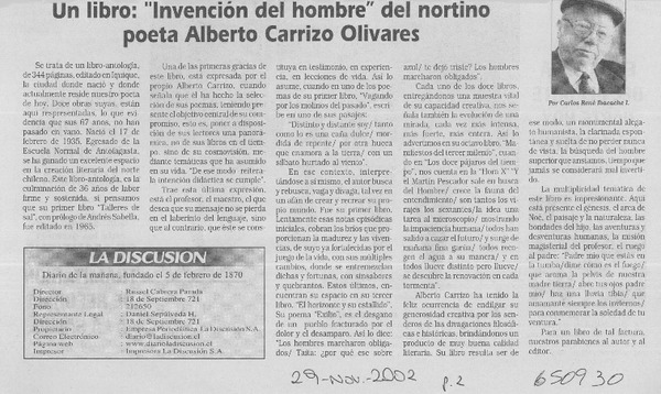 Un libro, "Invención del hombre" del nortino poeta Alberto Carrizo Olivares