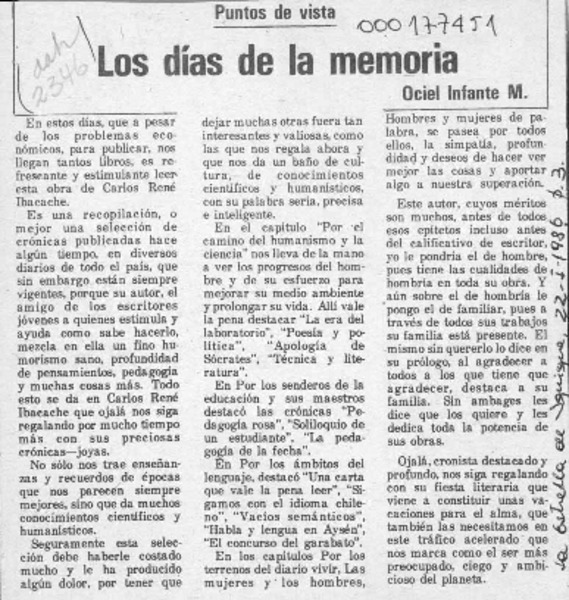 Los días de la memoria  [artículo] Ociel Infante M.