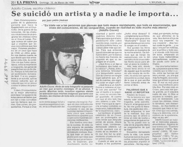 Se suicidó un artista y a nadie le importa  [artículo] Juan Pablo Jiménez.