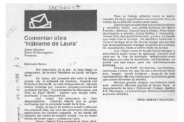 Comentan obra "Háblame de Laura"  [artículo] René Jiménez Rieutord.