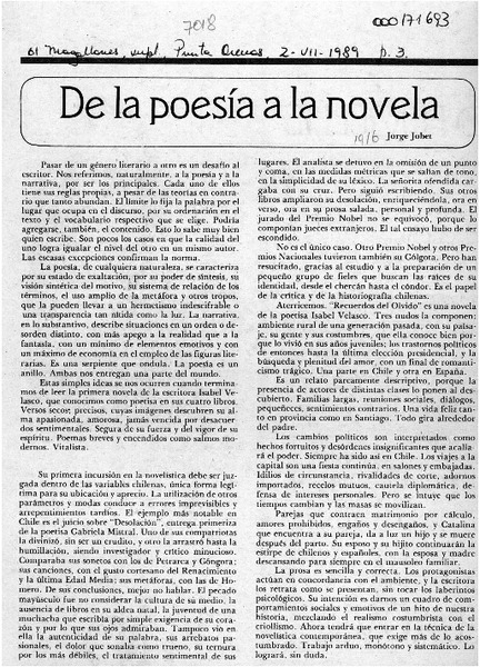 De la poesía a la novela  [artículo] Jorge Jobet.