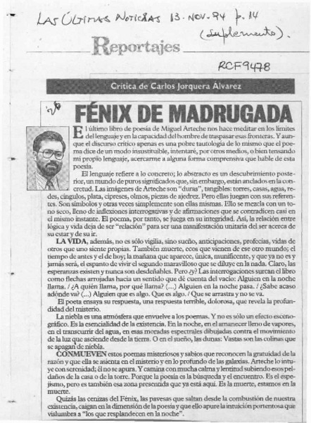 Fénix de madrugada  [artículo] Carlos Jorquera Alvarez.