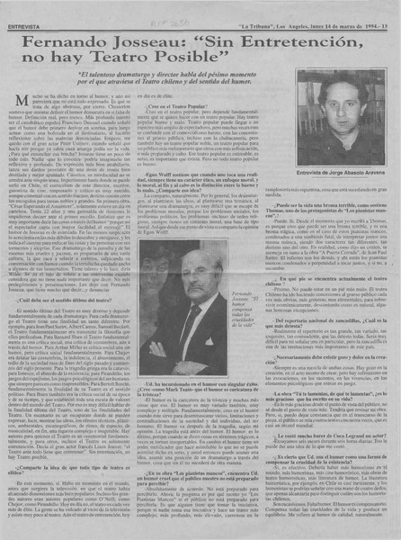 Fernando Josseau, "Sin entretención, no hay teatro posible"  [artículo] Jorge Abasolo Aravena.