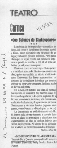 "Los bufones de Shakespeare"  [artículo] Pedro Labra H.