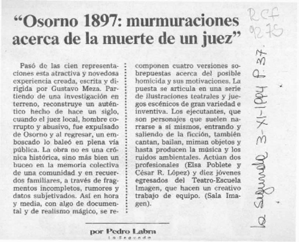 "Osorno 1897, murmuraciones acerca de la muerte de un juez"  [artículo] Pedro Labra.