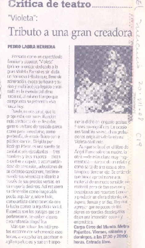 TRibuto a una gran creadora  [artículo] Pedro Labra Herrera.