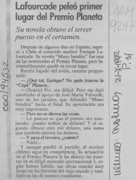Lafourcade peleó primer lugar del Premio Planeta  [artículo].
