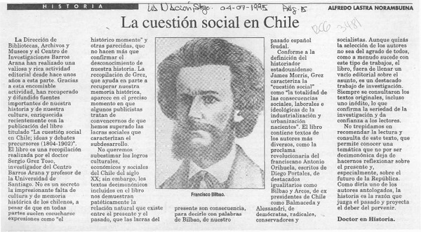 La cuestión social en Chile  [artículo] Alfredo Lastra Norambuena.