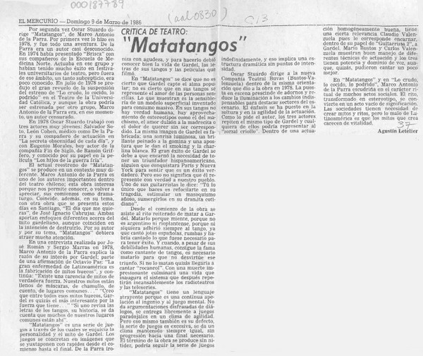 "Matatangos"  [artículo] Agustín Letelier.