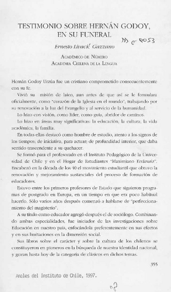 Testimonio sobre Hernán Godoy, en su funeral  [artículo] Ernesto Livacic Gazzano.