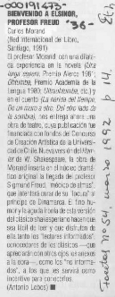 Bienvenido a Elsinor, profesor Freud  [artículo] Antonio Lobos.