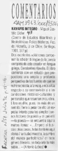 Kavafis íntegro  [artículo] Antonio Lobos.