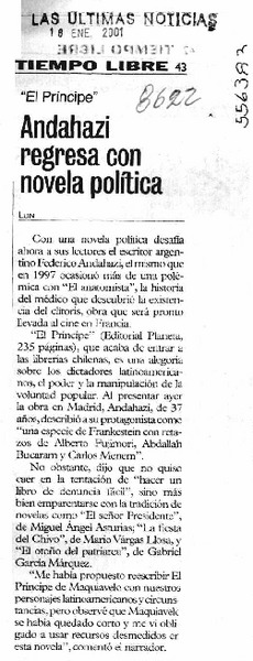Andahazi regresa con novela política  [artículo] Lun