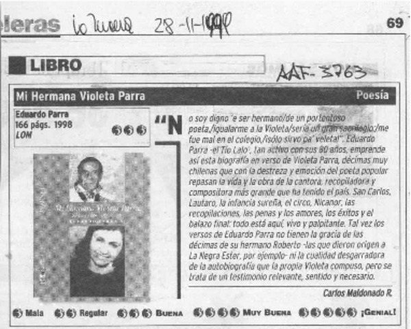 Mi hermana Violeta Parra  [artículo] Carlos Maldonado R.