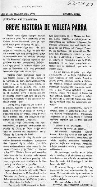 Breve historia de Violeta Parra  [artículo] Victor Manríquez Abarzúa