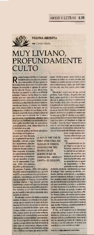 Muy liviano, profundamente culto  [artículo] Camilo Marks.